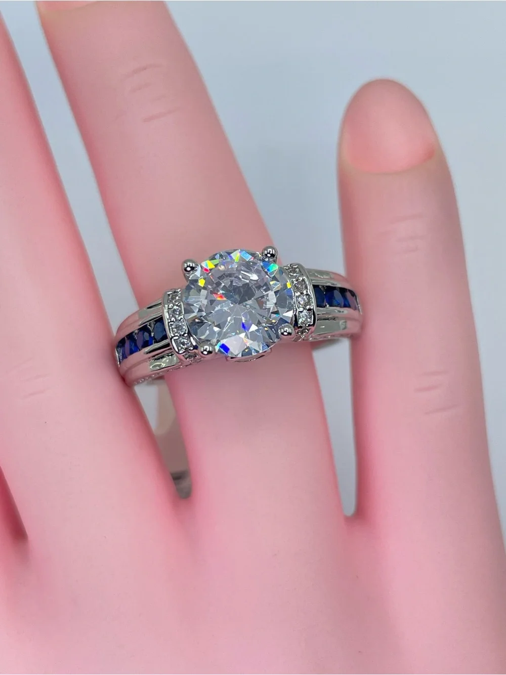 Swarovski Crystal Elements Blue White Crystal Solitaire Ring Sz 8.5 Glam Bridal